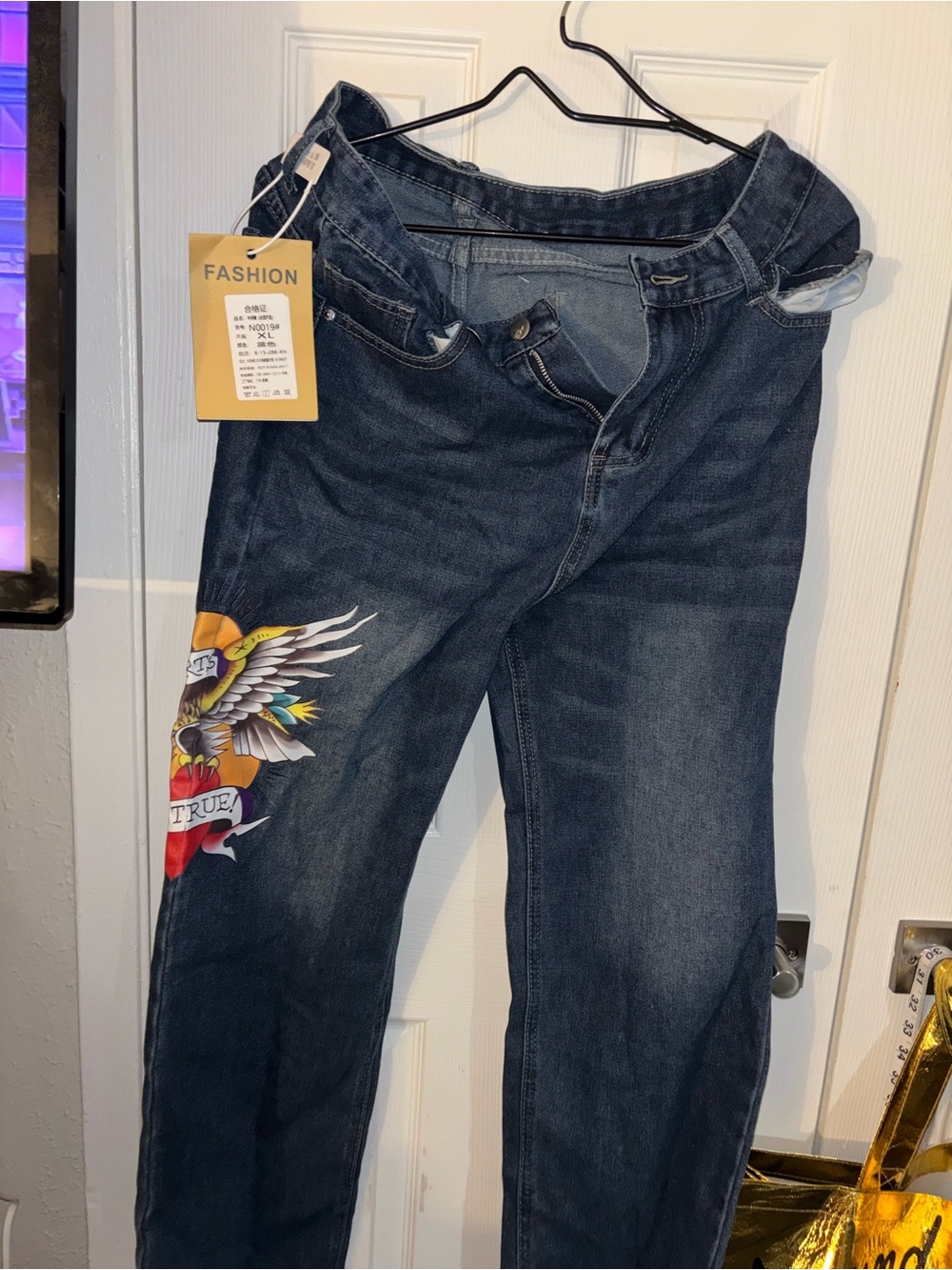Ed Hardy Dark Blue Straight Jeans with Colorful Wing Graphic